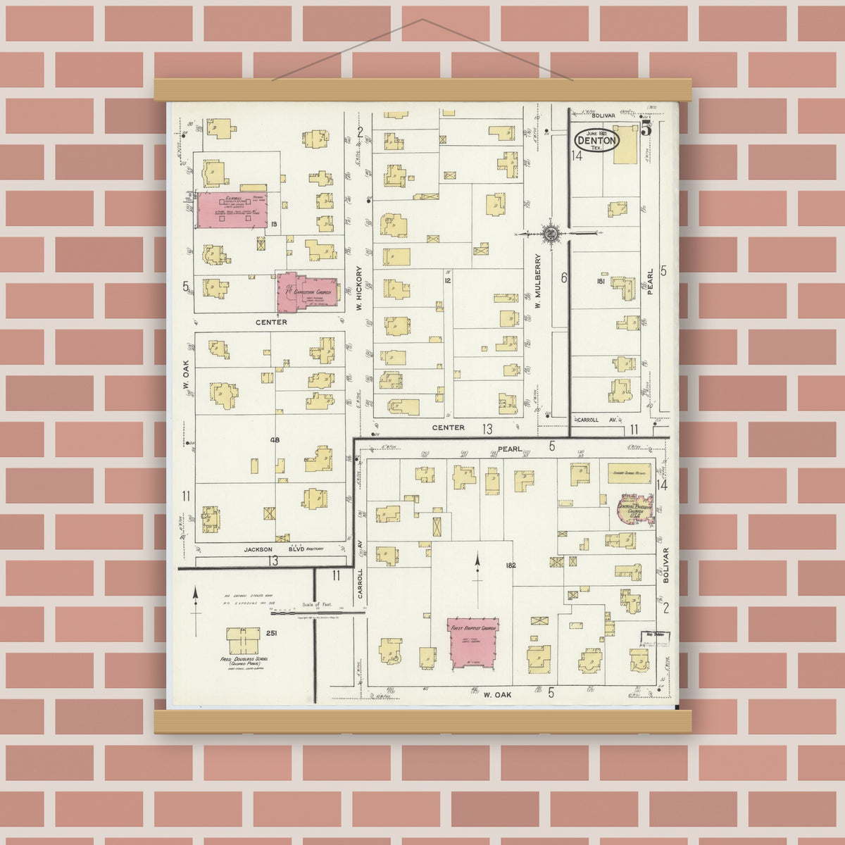 Old map wall art mockup — magnetic wood frame on brick wall — Sanborn Fire Insurance Map from Denton, Denton County, Texas (1921), Sheet #0005