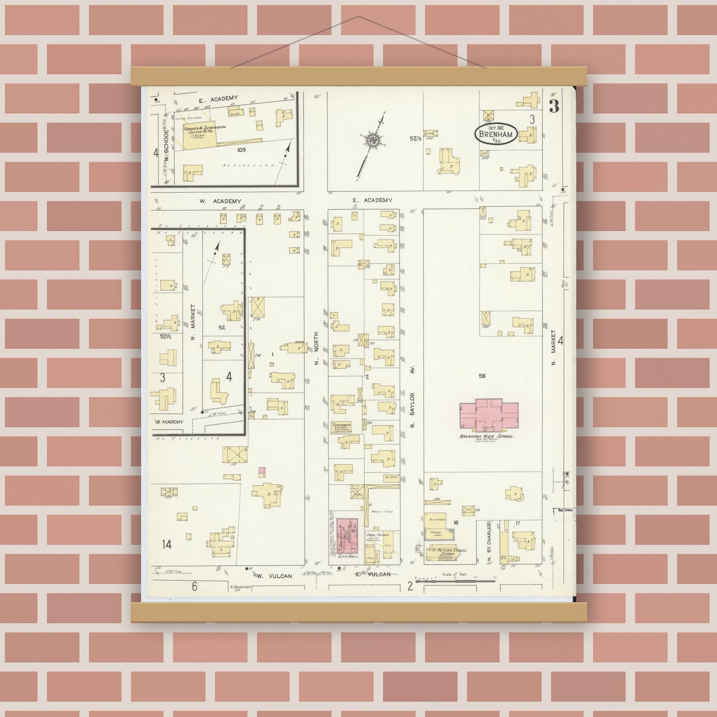 Old map wall art mockup — magnetic wood frame on brick wall — Sanborn Fire Insurance Map from Brenham, Washington County, Texas (1912), Sheet #0003
