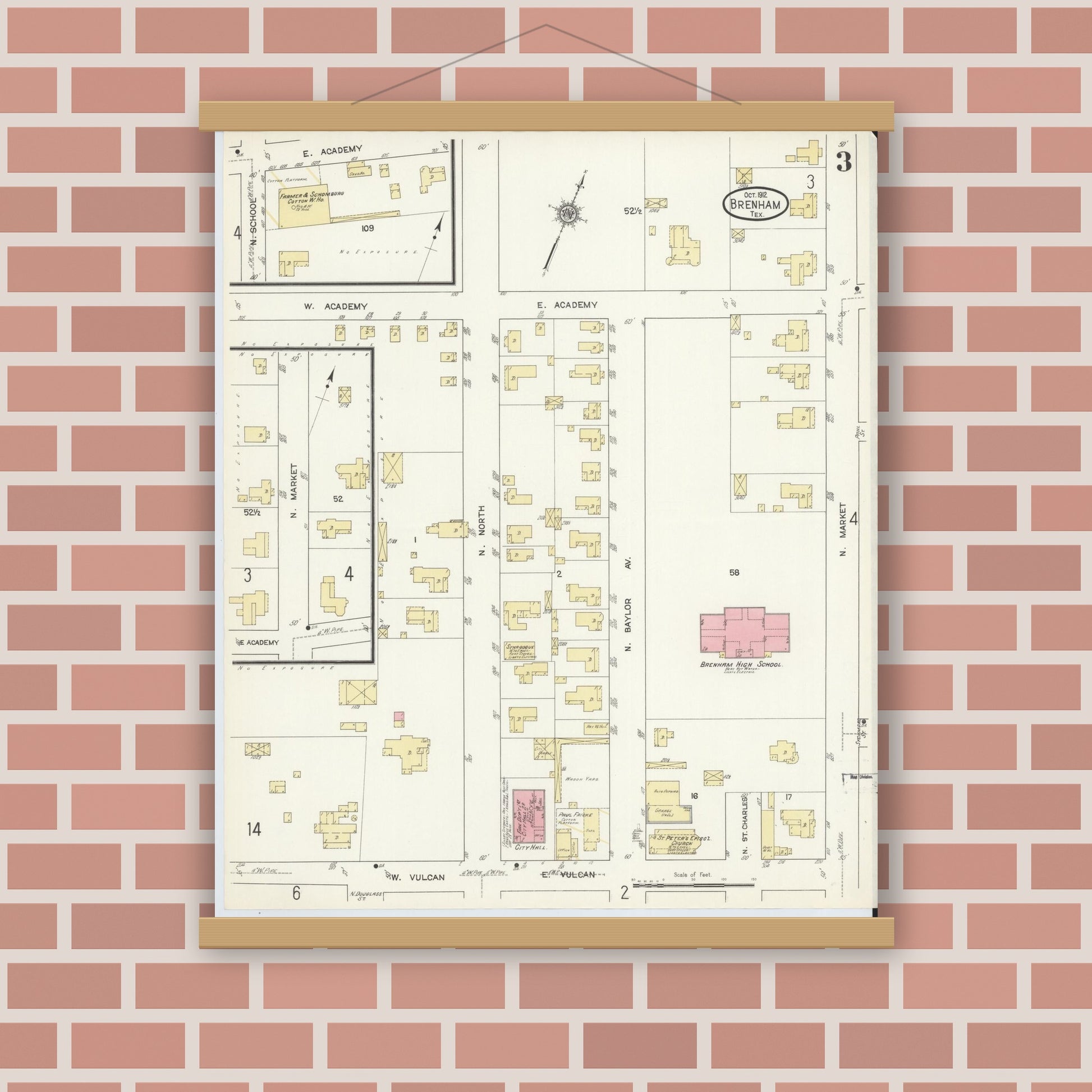 Old map wall art mockup — magnetic wood frame on brick wall — Sanborn Fire Insurance Map from Brenham, Washington County, Texas (1912), Sheet #0003