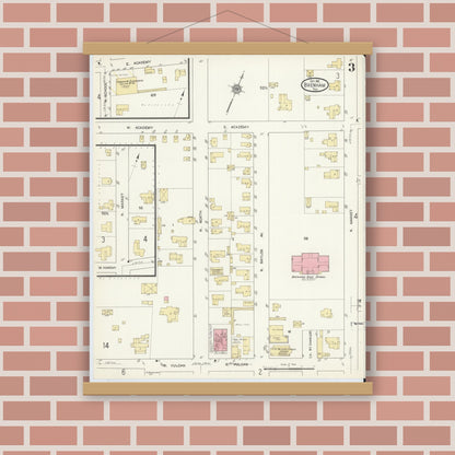Old map wall art mockup — magnetic wood frame on brick wall — Sanborn Fire Insurance Map from Brenham, Washington County, Texas (1912), Sheet #0003