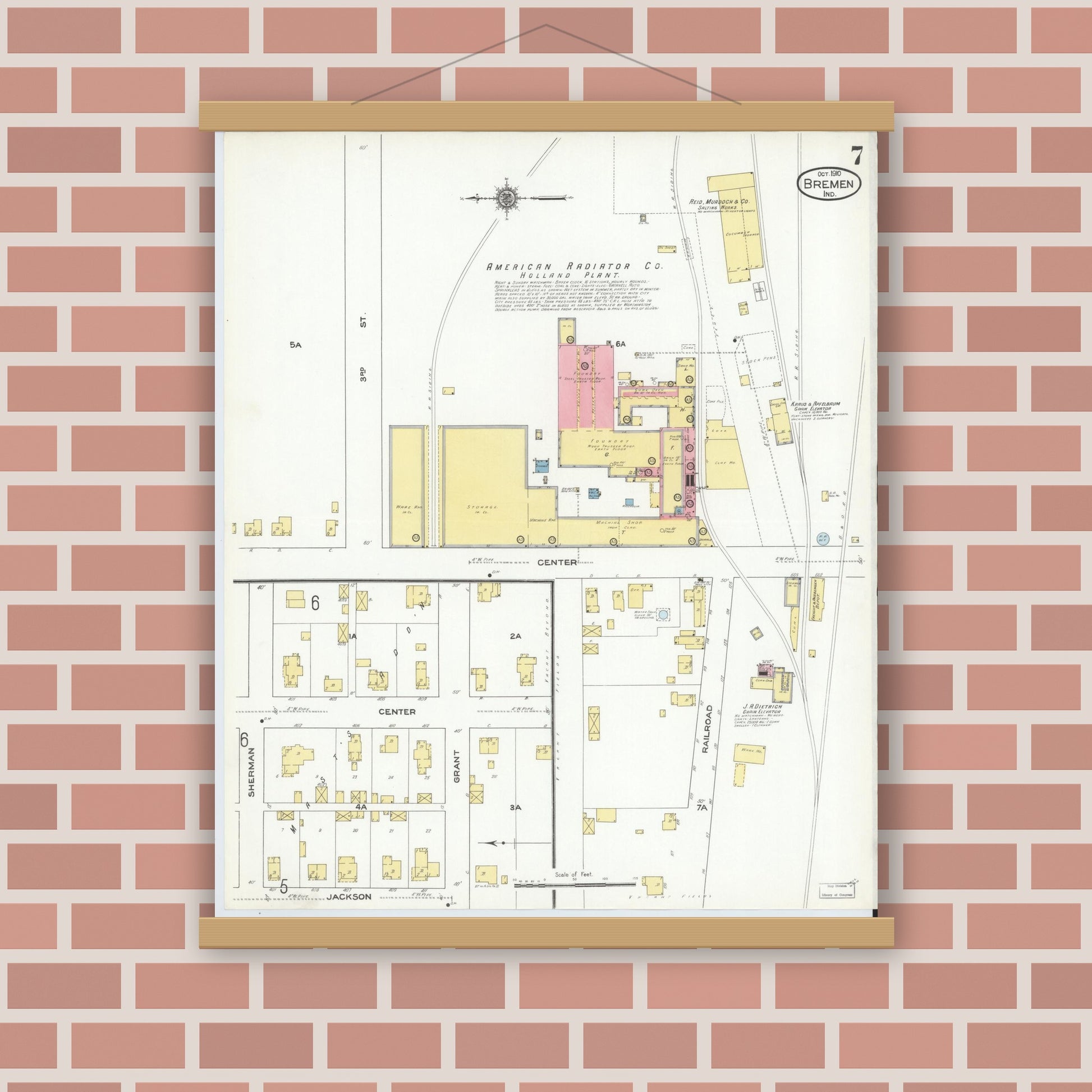 Old map wall art mockup — magnetic wood frame on brick wall — Sanborn Fire Insurance Map from Bremen, Marshall County, Indiana (1910), Sheet #0007