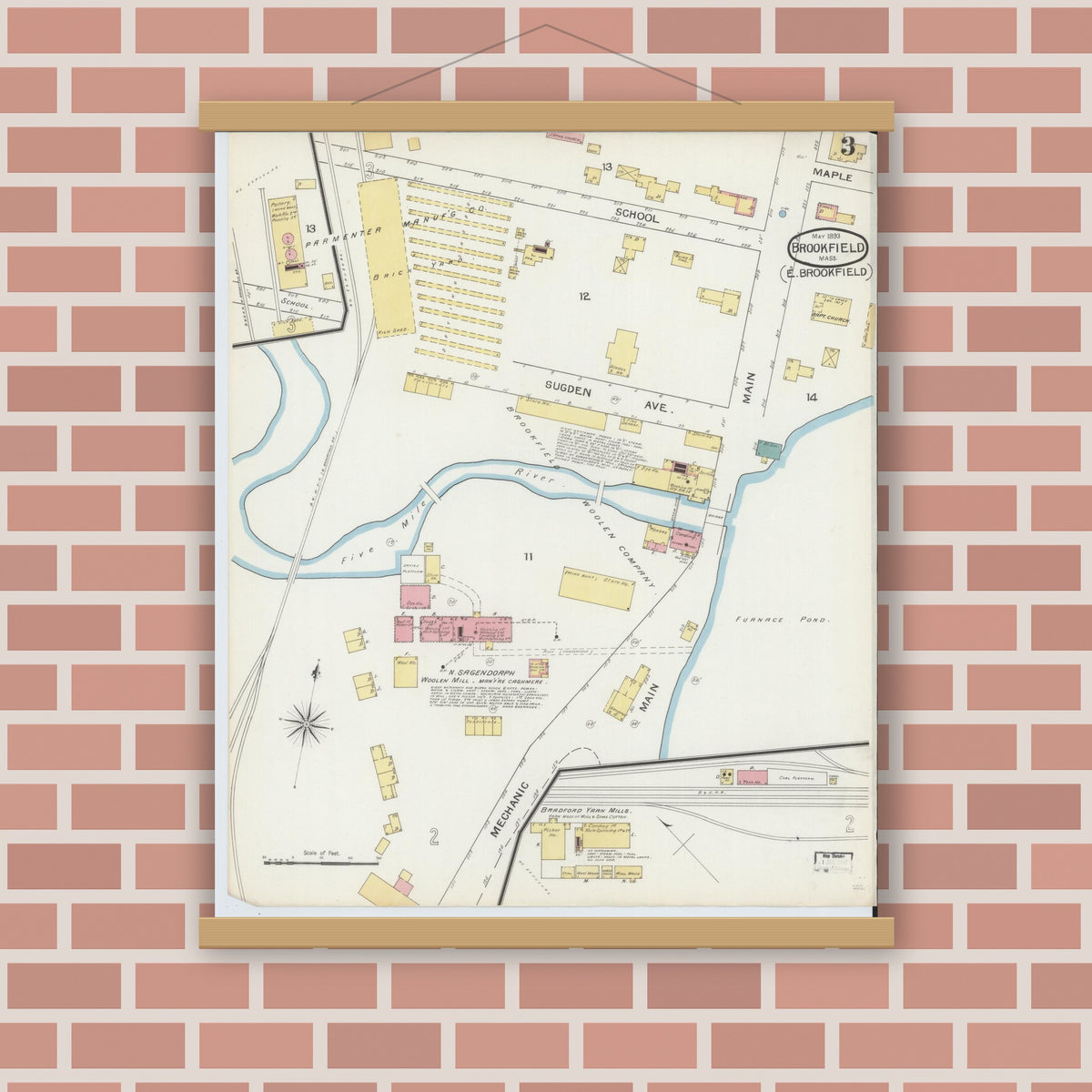 Old map wall art mockup — magnetic wood frame on brick wall — Sanborn Fire Insurance Map from Brookfield, Worcester County, Massachusetts (1893), Sheet #0003