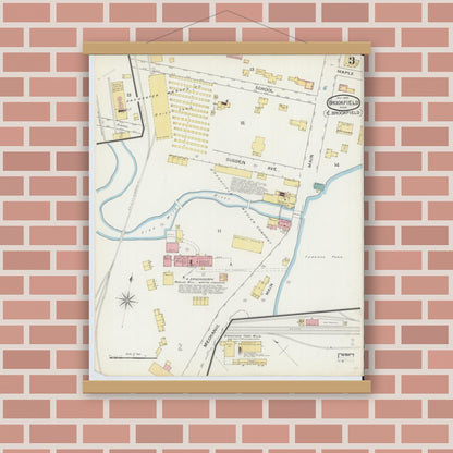 Old map wall art mockup — magnetic wood frame on brick wall — Sanborn Fire Insurance Map from Brookfield, Worcester County, Massachusetts (1893), Sheet #0003