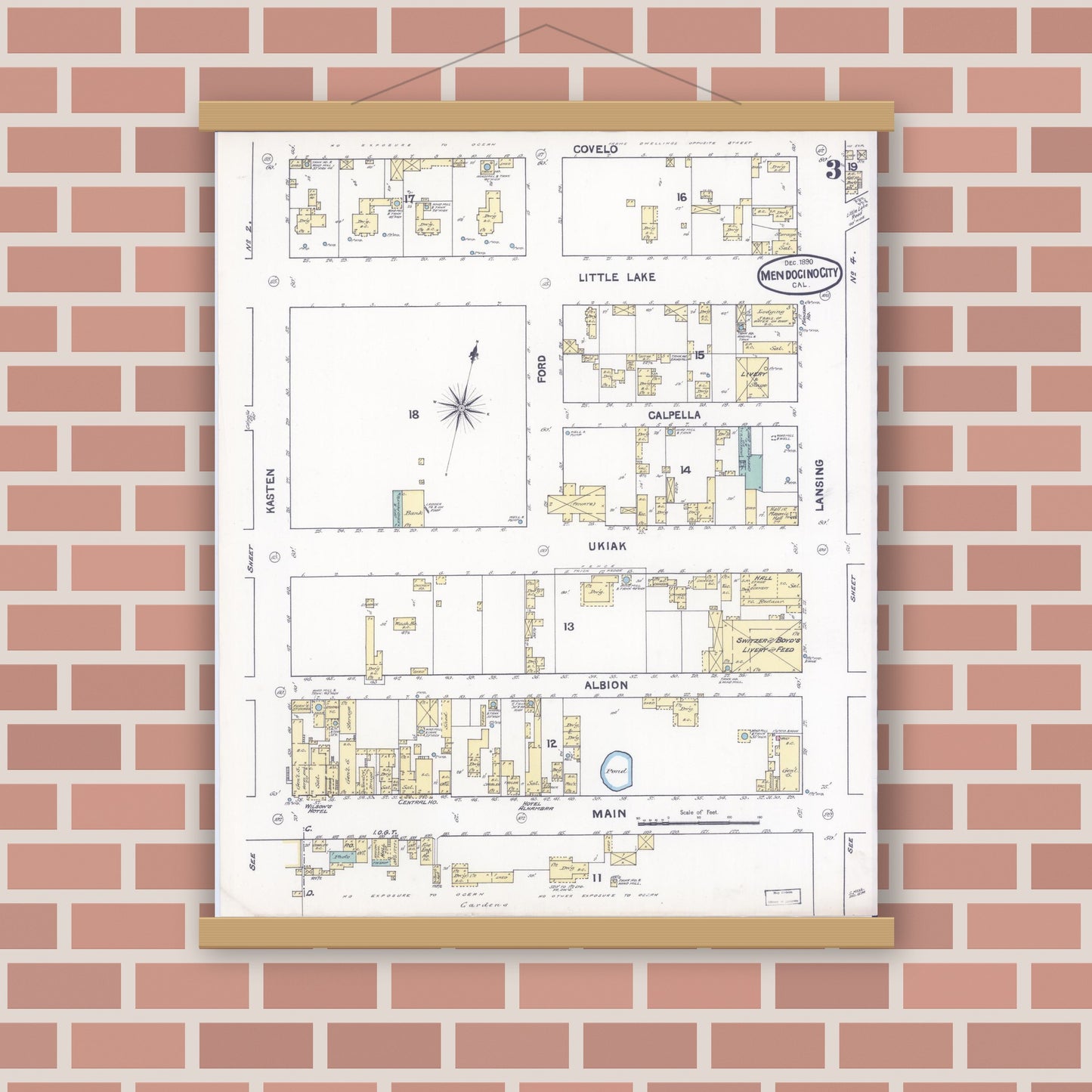 Old map wall art mockup — magnetic wood frame on brick wall — Sanborn Fire Insurance Map from Mendocino, Mendocino County, California (1890), Sheet #0003