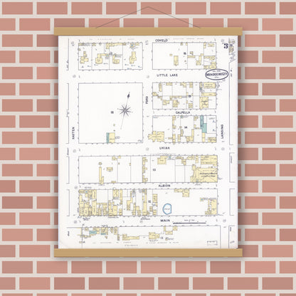 Old map wall art mockup — magnetic wood frame on brick wall — Sanborn Fire Insurance Map from Mendocino, Mendocino County, California (1890), Sheet #0003