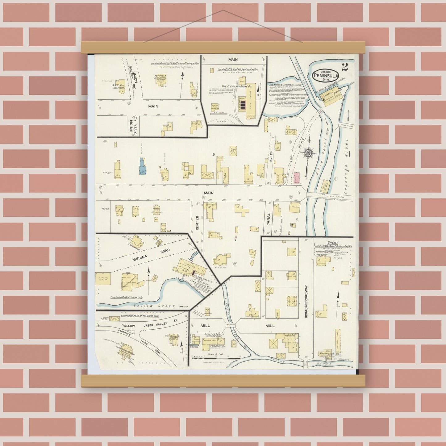 Old map wall art mockup — magnetic wood frame on brick wall — Sanborn Fire Insurance Map from Peninsula, Summit County, Ohio (1916), Sheet #0002