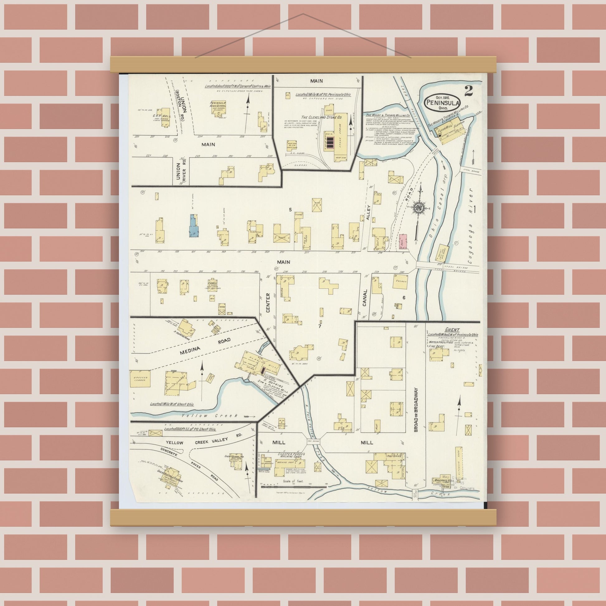 Old map wall art mockup — magnetic wood frame on brick wall — Sanborn Fire Insurance Map from Peninsula, Summit County, Ohio (1916), Sheet #0002