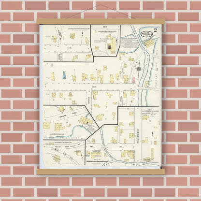 Old map wall art mockup — magnetic wood frame on brick wall — Sanborn Fire Insurance Map from Peninsula, Summit County, Ohio (1916), Sheet #0002
