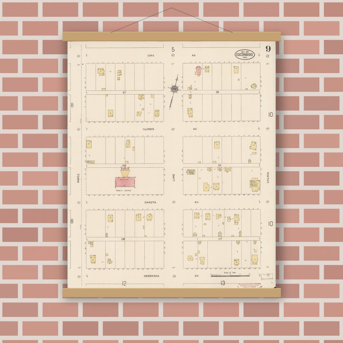 Old map wall art mockup — magnetic wood frame on brick wall — Sanborn Fire Insurance Map from Escondido, San Diego County, California (1911), Sheet #0009