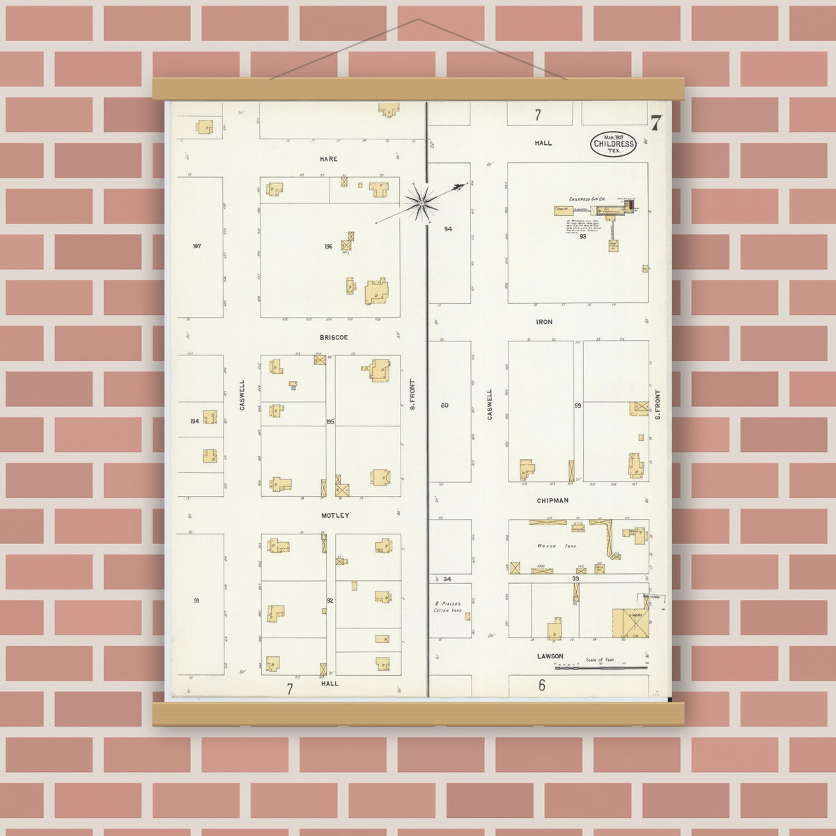 Old map wall art mockup — magnetic wood frame on brick wall — Sanborn Fire Insurance Map from Childress, Childress County, Texas (1907), Sheet #0007
