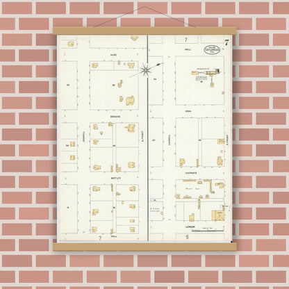 Old map wall art mockup — magnetic wood frame on brick wall — Sanborn Fire Insurance Map from Childress, Childress County, Texas (1907), Sheet #0007
