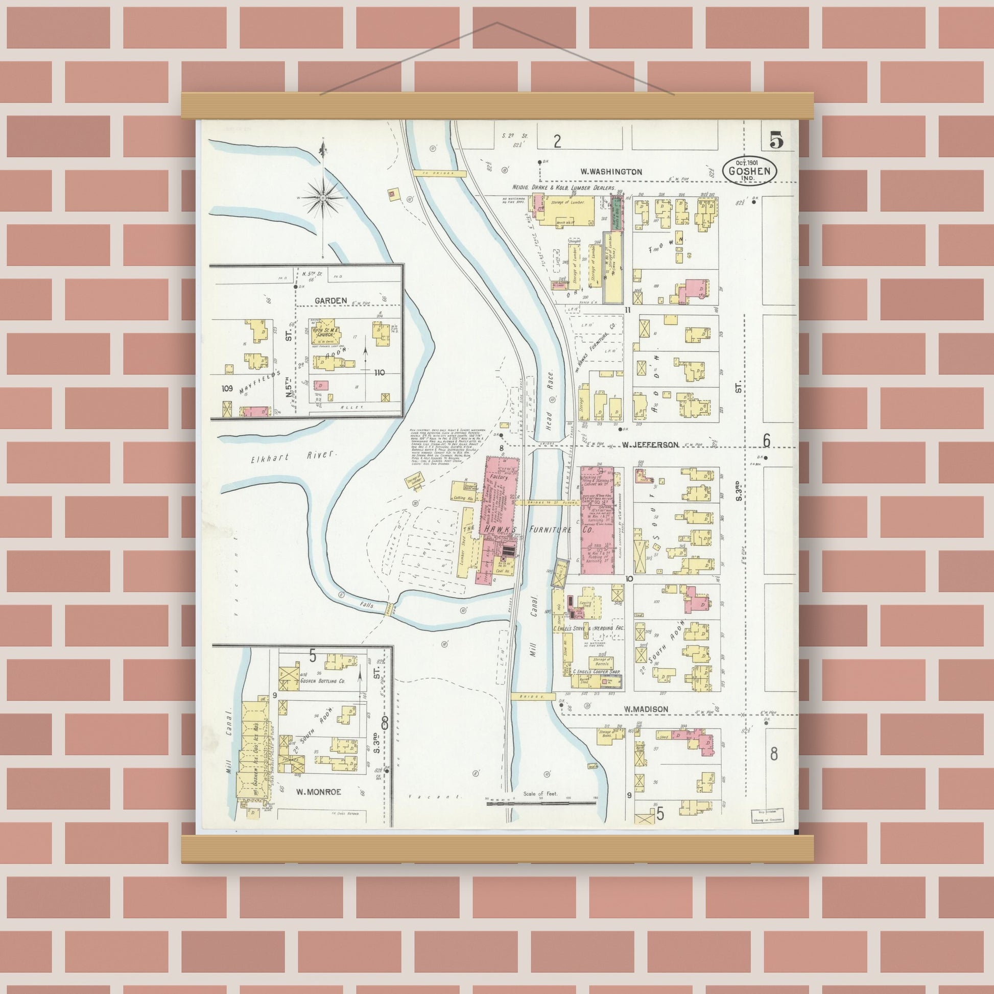 Old map wall art mockup — magnetic wood frame on brick wall — Sanborn Fire Insurance Map from Goshen, Elkhart County, Indiana (1901), Sheet #0005