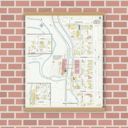 Old map wall art mockup — magnetic wood frame on brick wall — Sanborn Fire Insurance Map from Goshen, Elkhart County, Indiana (1901), Sheet #0005
