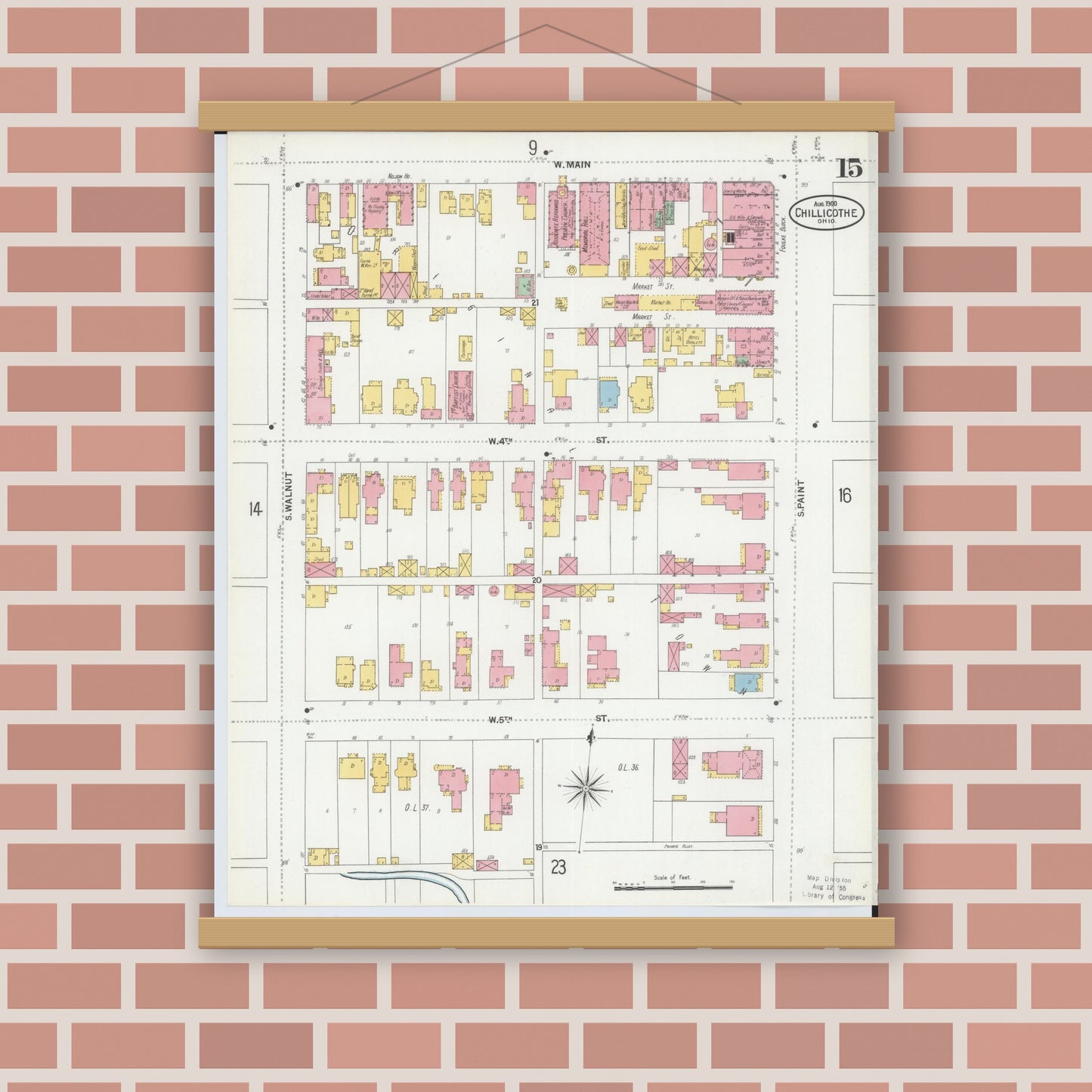 Old map wall art mockup — magnetic wood frame on brick wall — Sanborn Fire Insurance Map from Chillicothe, Ross County, Ohio (1900), Sheet #0015