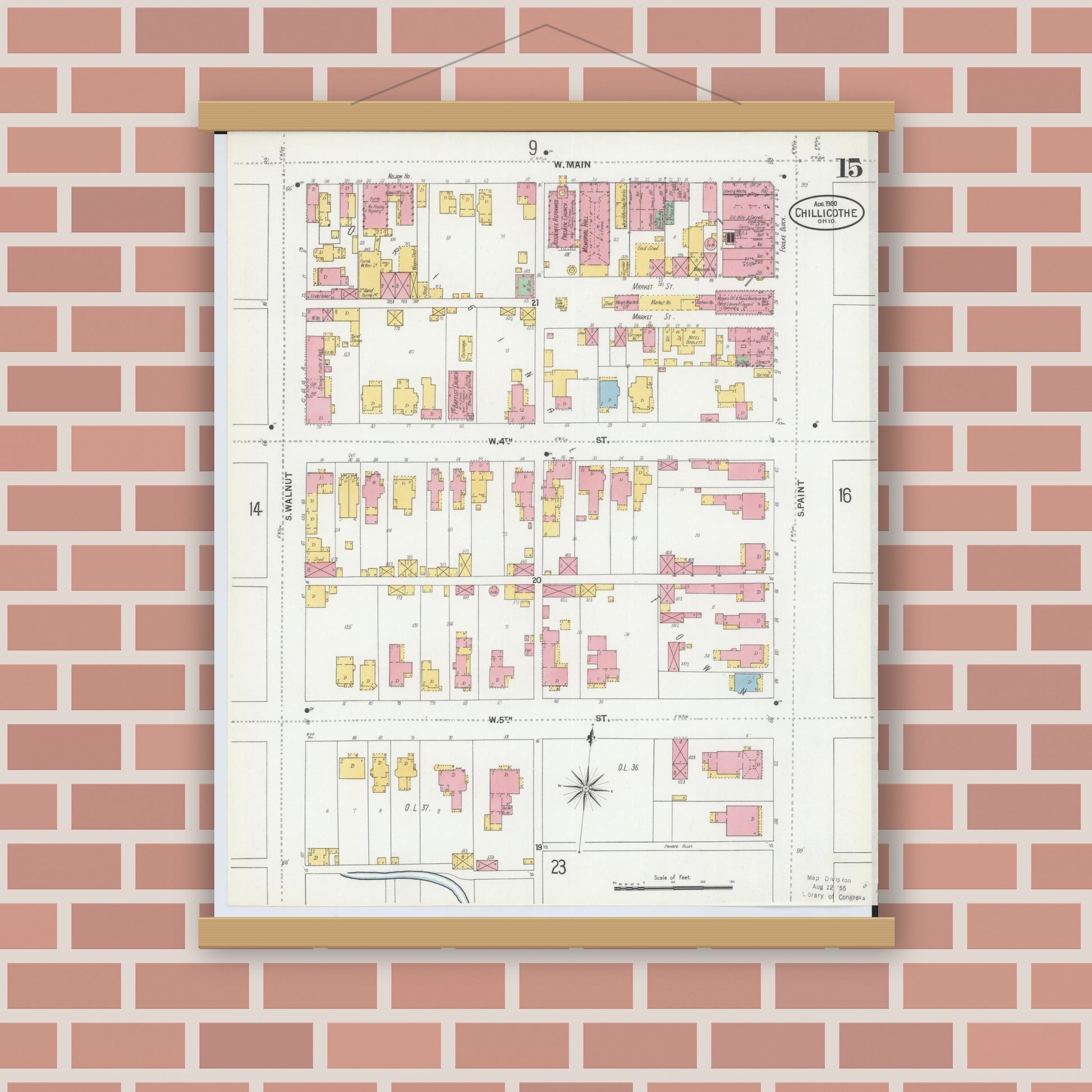 Old map wall art mockup — magnetic wood frame on brick wall — Sanborn Fire Insurance Map from Chillicothe, Ross County, Ohio (1900), Sheet #0015