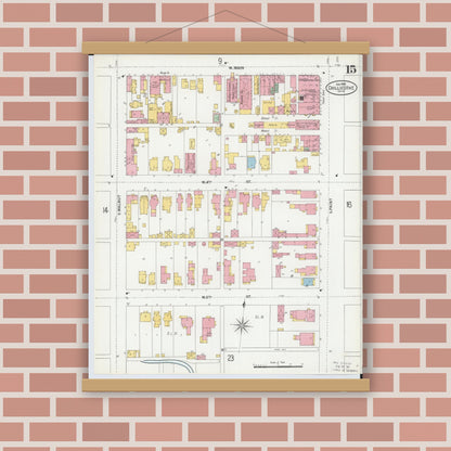 Old map wall art mockup — magnetic wood frame on brick wall — Sanborn Fire Insurance Map from Chillicothe, Ross County, Ohio (1900), Sheet #0015