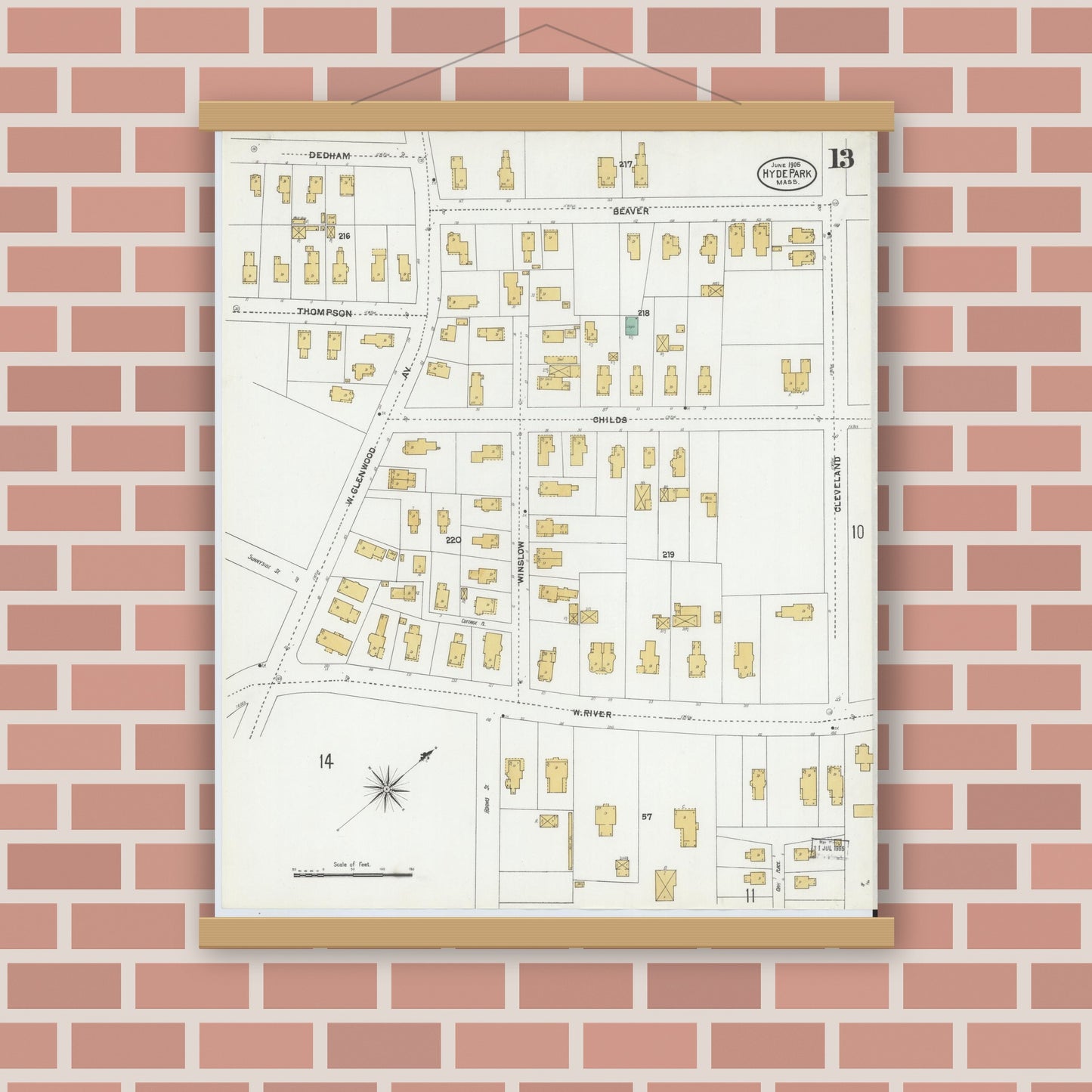 Old map wall art mockup — magnetic wood frame on brick wall — Sanborn Fire Insurance Map from Hyde Park, Norfolk County, Massachusetts (1905), Sheet #0013