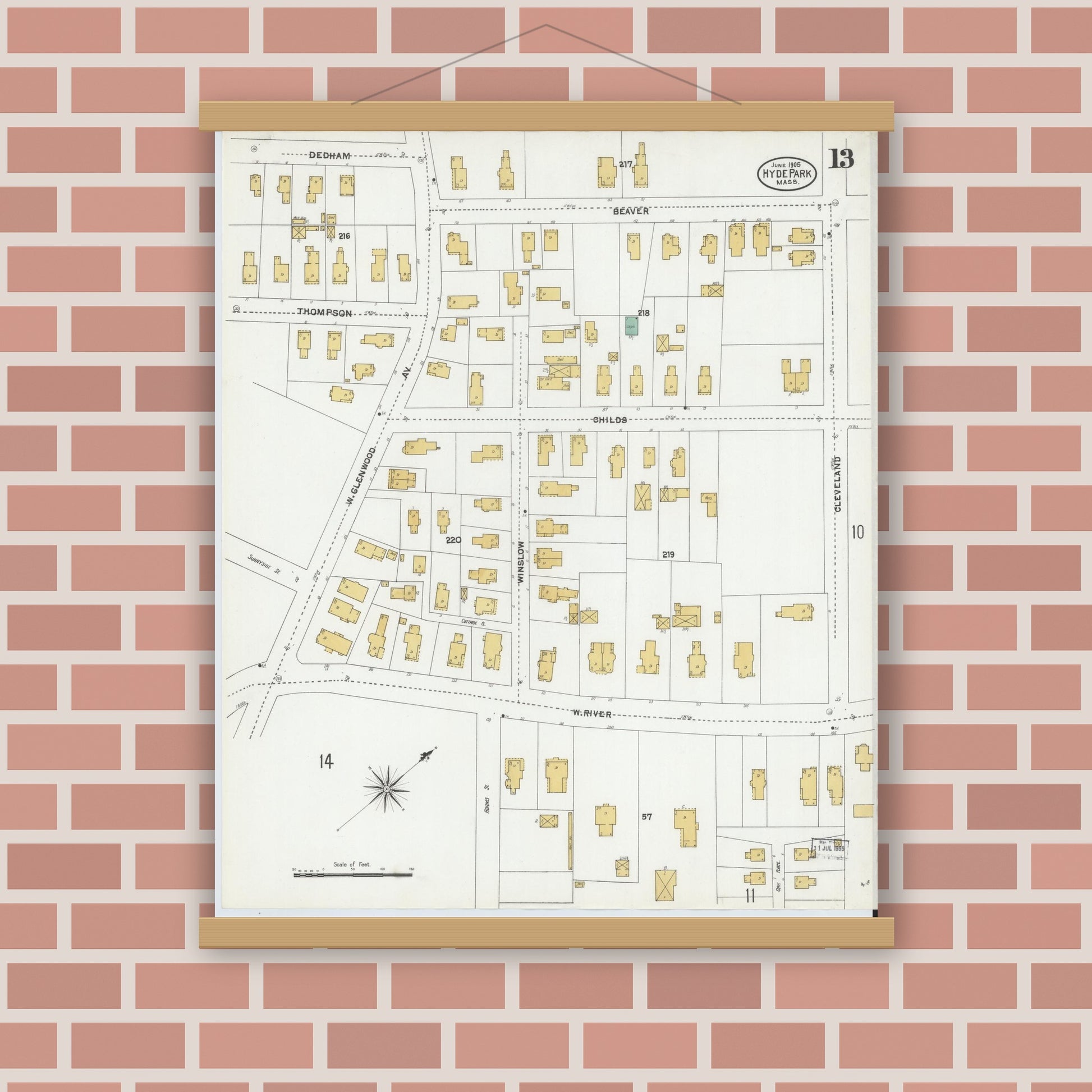 Old map wall art mockup — magnetic wood frame on brick wall — Sanborn Fire Insurance Map from Hyde Park, Norfolk County, Massachusetts (1905), Sheet #0013