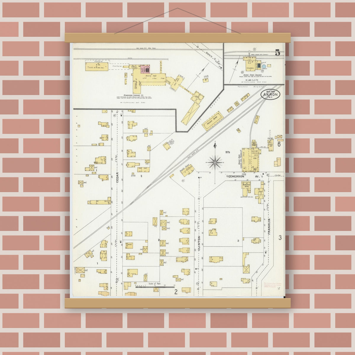 Old map wall art mockup — magnetic wood frame on brick wall — Sanborn Fire Insurance Map from Akron, Erie County, New York (1905), Sheet #0005