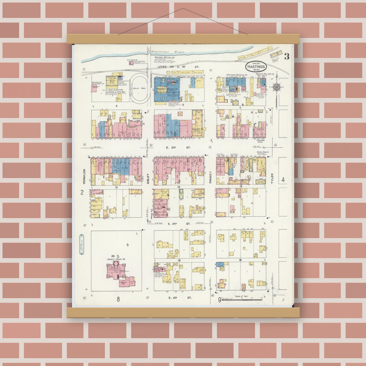 Old map wall art mockup — magnetic wood frame on brick wall — Sanborn Fire Insurance Map from Hastings, Dakota County, Minnesota (1911), Sheet #0003