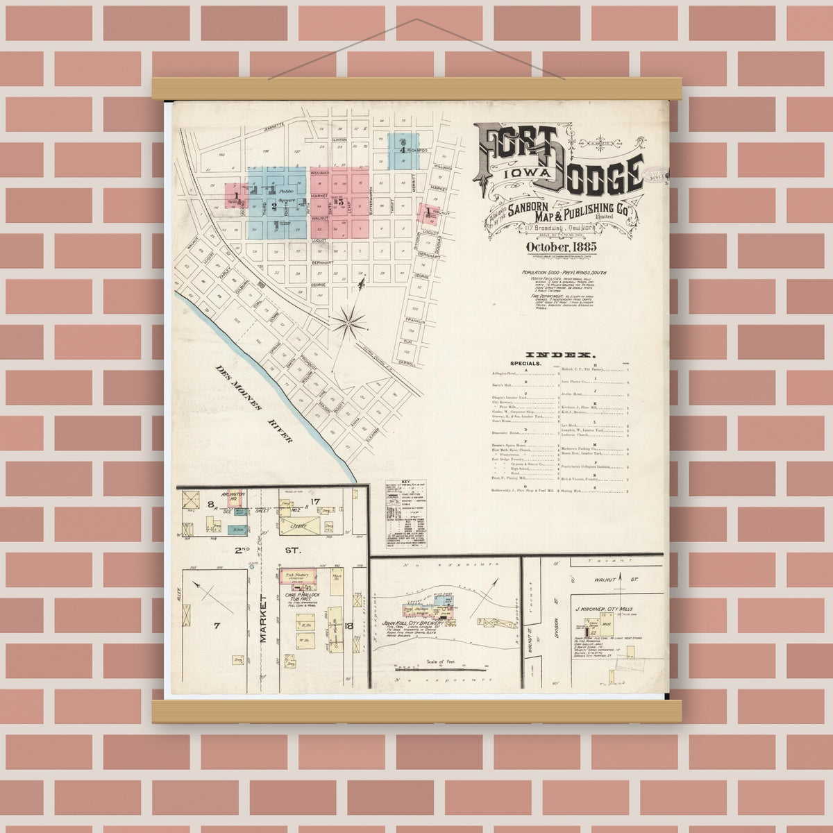Old map wall art mockup — magnetic wood frame on brick wall — Sanborn Fire Insurance Map from Fort Dodge, Webster County, Iowa (1885), Sheet #0001