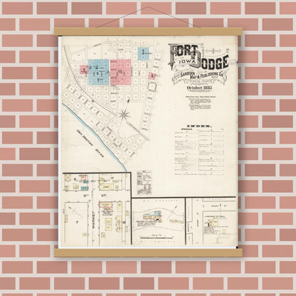 Old map wall art mockup — magnetic wood frame on brick wall — Sanborn Fire Insurance Map from Fort Dodge, Webster County, Iowa (1885), Sheet #0001