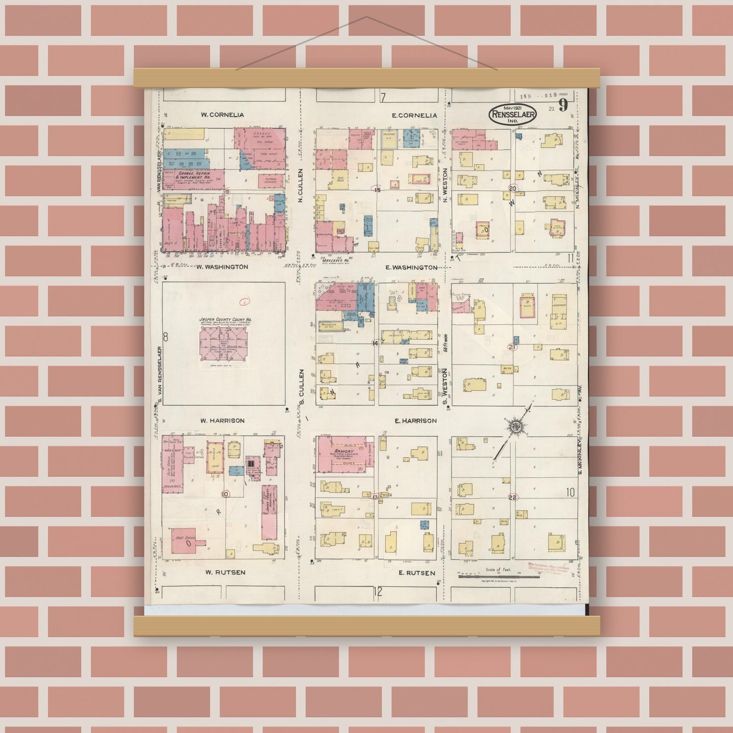 Old map wall art mockup — magnetic wood frame on brick wall — Sanborn Fire Insurance Map from Rensselaer, Jasper County, Indiana (1942), Sheet #0009