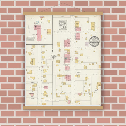 Old map wall art mockup — magnetic wood frame on brick wall — Sanborn Fire Insurance Map from Rutherfordton, Rutherford County, North Carolina (1904), Sheet #0001