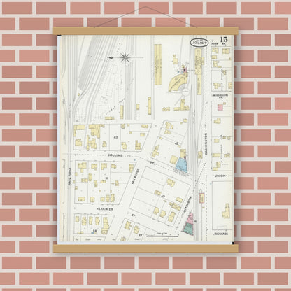 Old map wall art mockup — magnetic wood frame on brick wall — Sanborn Fire Insurance Map from Joliet, Will County, Illinois (1891), Sheet #0015