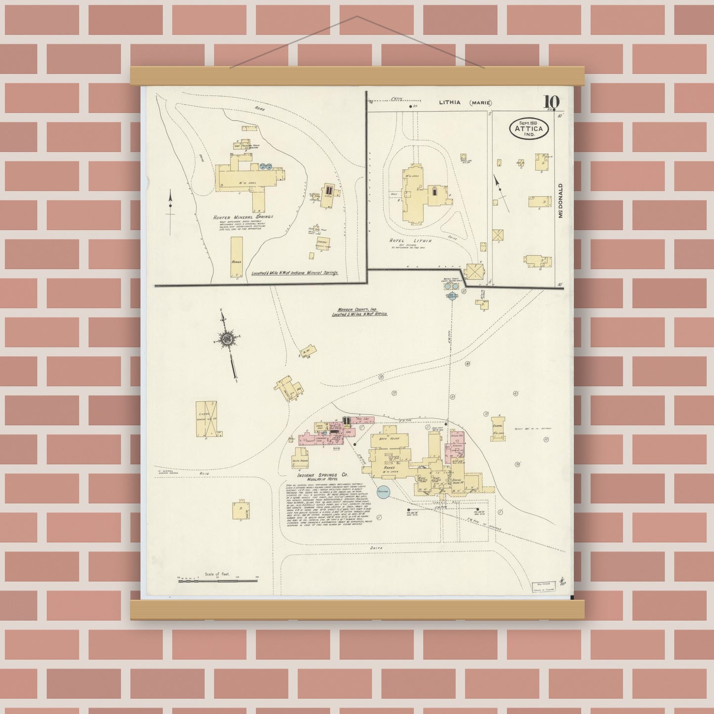 Old map wall art mockup — magnetic wood frame on brick wall — Sanborn Fire Insurance Map from Attica, Fountain County, Indiana (1910), Sheet #0010