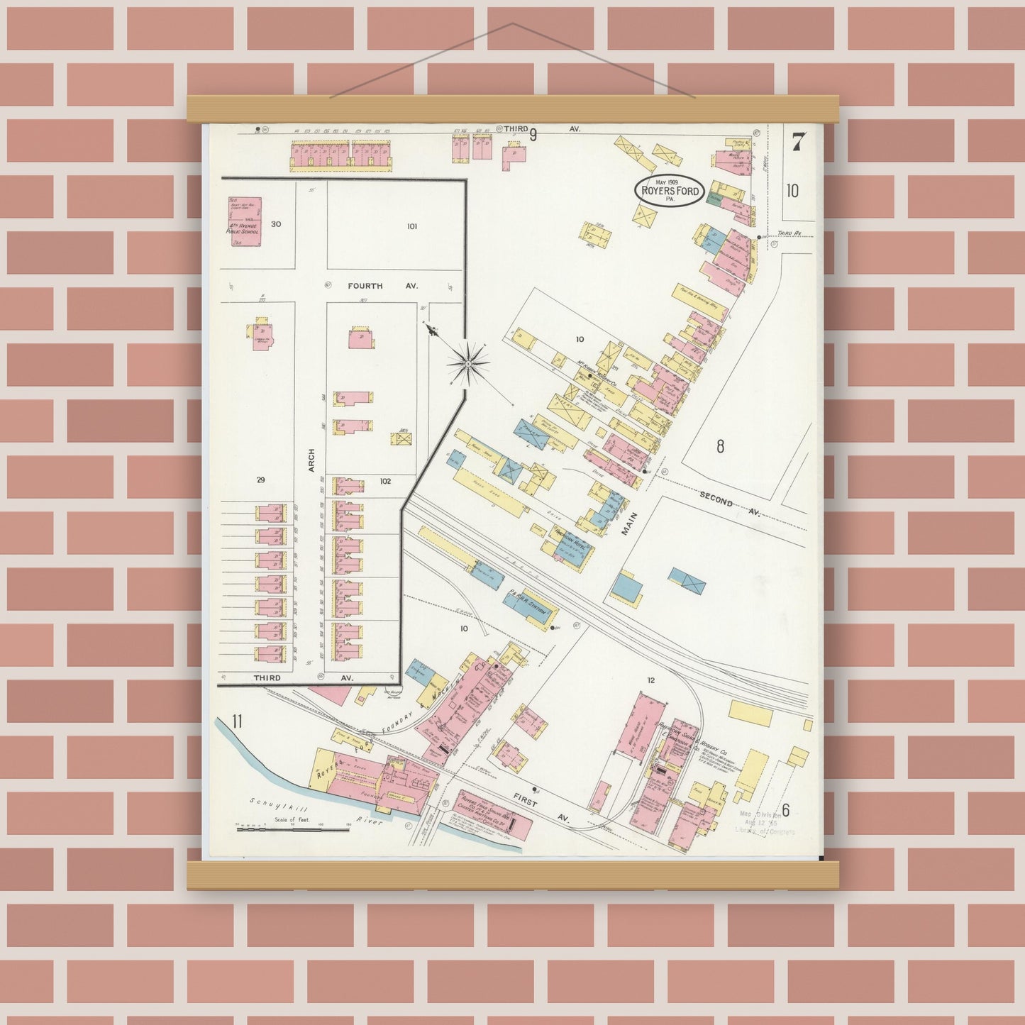 Old map wall art mockup — magnetic wood frame on brick wall — Sanborn Fire Insurance Map from Royersford, Montgomery County, Pennsylvania (1909), Sheet #0007