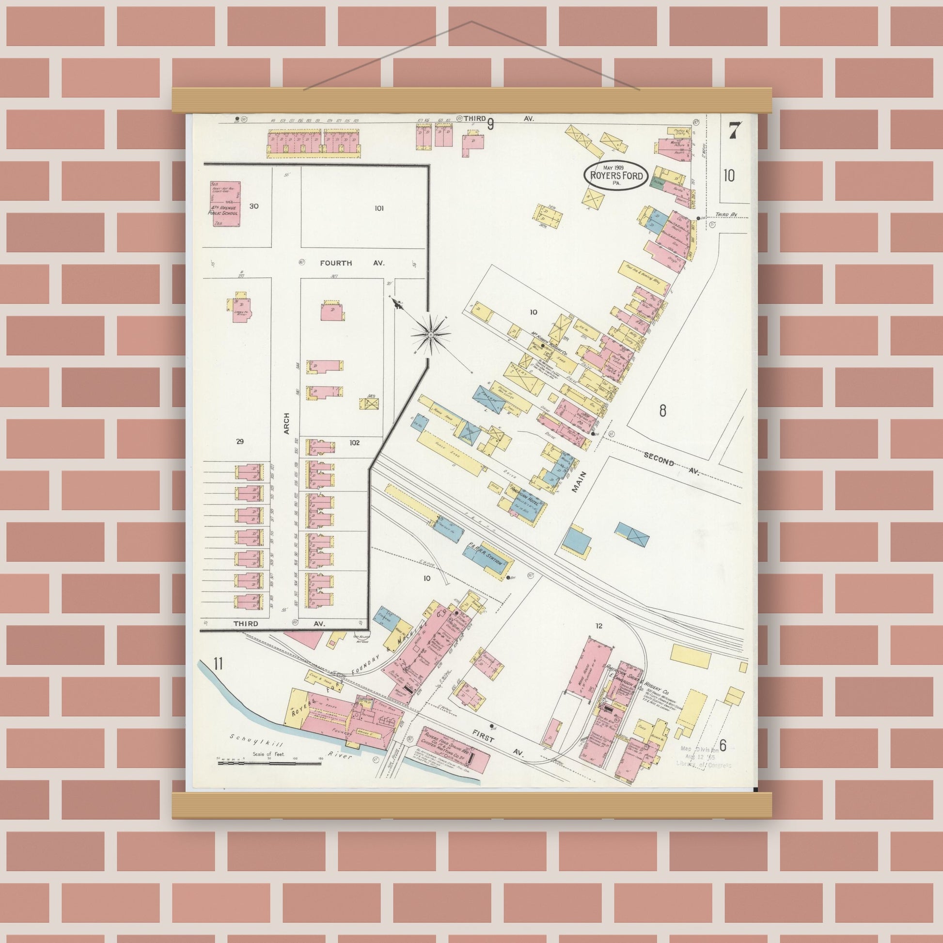 Old map wall art mockup — magnetic wood frame on brick wall — Sanborn Fire Insurance Map from Royersford, Montgomery County, Pennsylvania (1909), Sheet #0007
