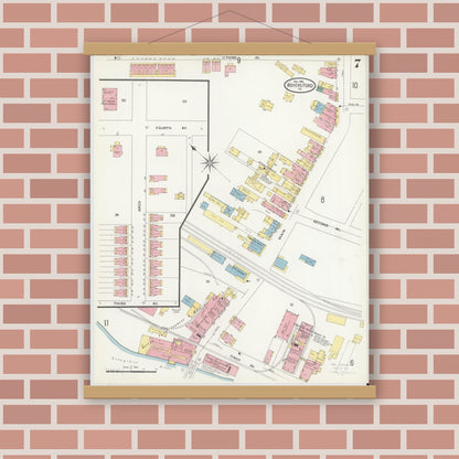 Old map wall art mockup — magnetic wood frame on brick wall — Sanborn Fire Insurance Map from Royersford, Montgomery County, Pennsylvania (1909), Sheet #0007