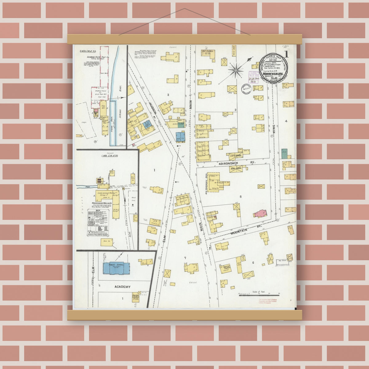 Old map wall art mockup — magnetic wood frame on brick wall — Sanborn Fire Insurance Map from Warrensburg, Warren County, New York (1901) - Complete Map Set