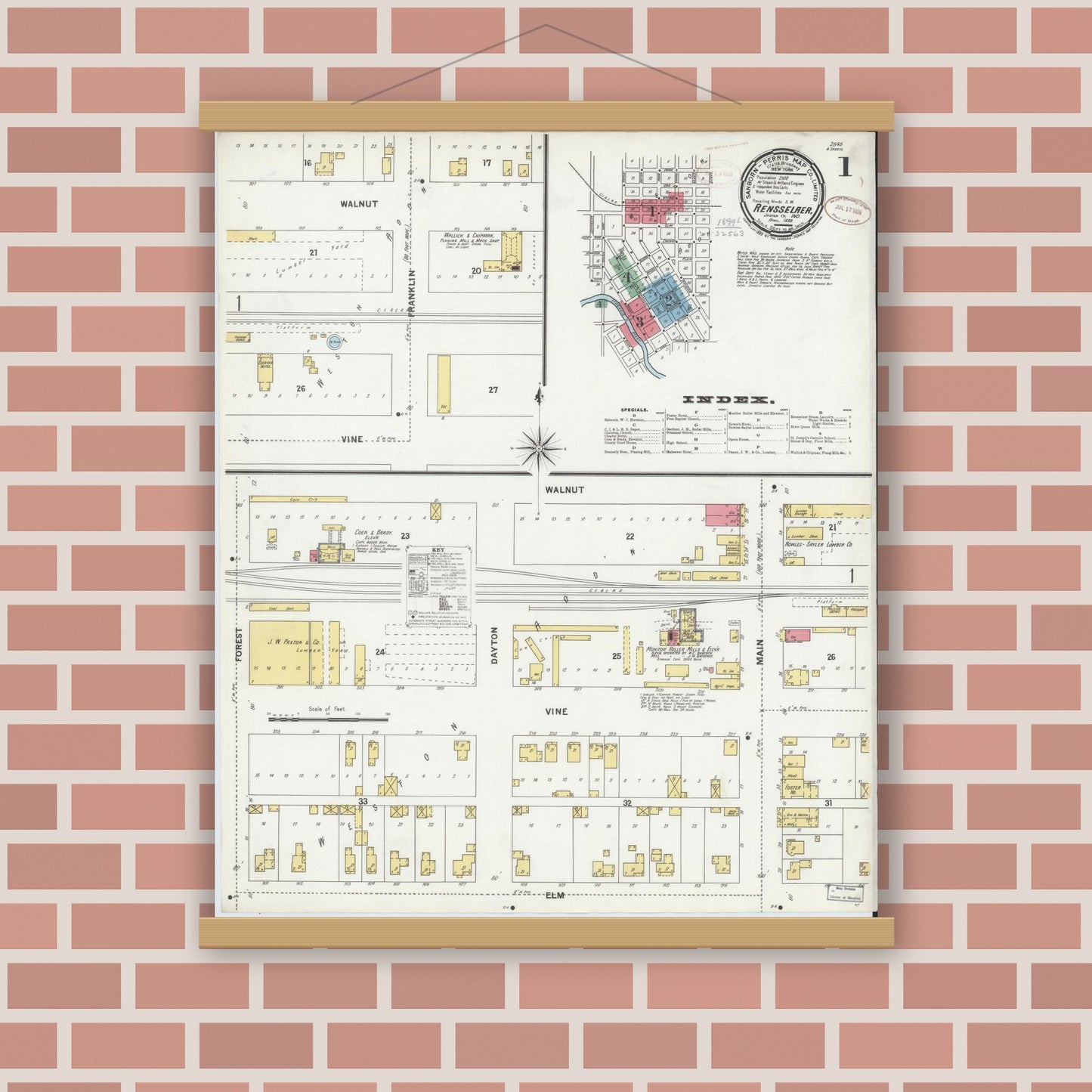 Old map wall art mockup — magnetic wood frame on brick wall — Sanborn Fire Insurance Map from Rensselaer, Jasper County, Indiana (1899) - Complete Map Set