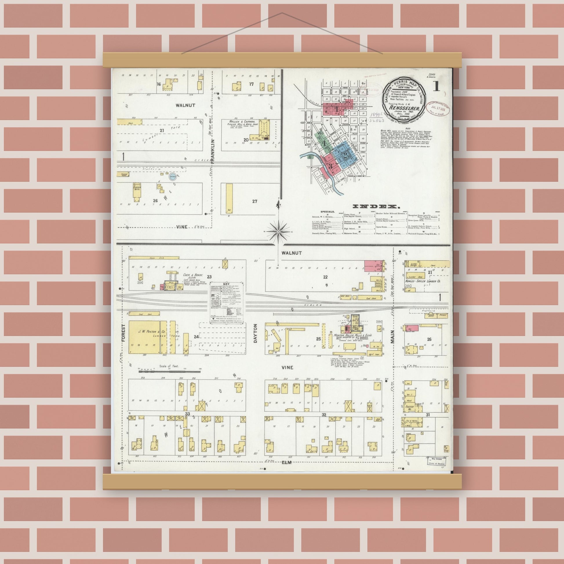Old map wall art mockup — magnetic wood frame on brick wall — Sanborn Fire Insurance Map from Rensselaer, Jasper County, Indiana (1899) - Complete Map Set