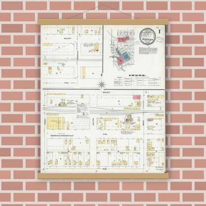 Old map wall art mockup — magnetic wood frame on brick wall — Sanborn Fire Insurance Map from Rensselaer, Jasper County, Indiana (1899) - Complete Map Set