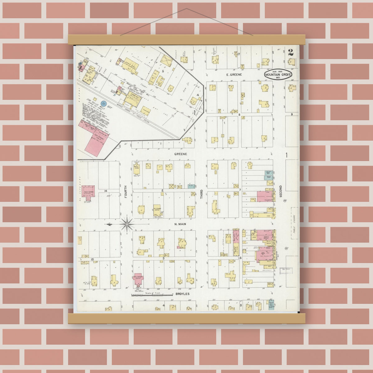 Old map wall art mockup — magnetic wood frame on brick wall — Sanborn Fire Insurance Map from Mountain Grove, Wright County, Missouri (1902), Sheet #0002