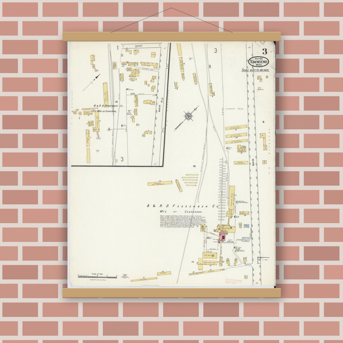 Old map wall art mockup — magnetic wood frame on brick wall — Sanborn Fire Insurance Map from Townsend, Middlesex County, Massachusetts (1917), Sheet #0003