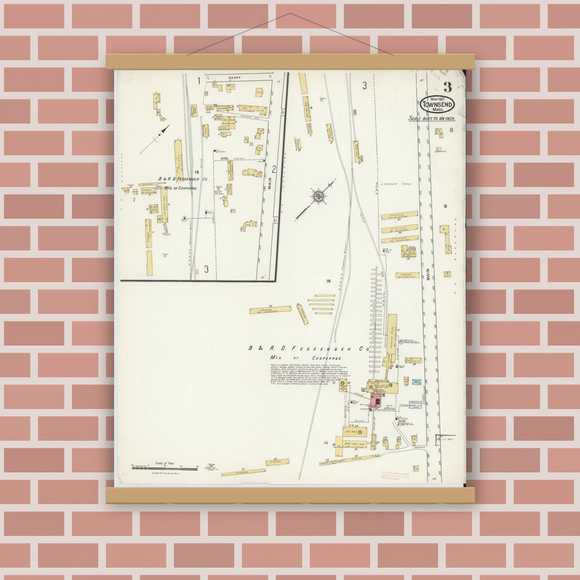 Old map wall art mockup — magnetic wood frame on brick wall — Sanborn Fire Insurance Map from Townsend, Middlesex County, Massachusetts (1917), Sheet #0003