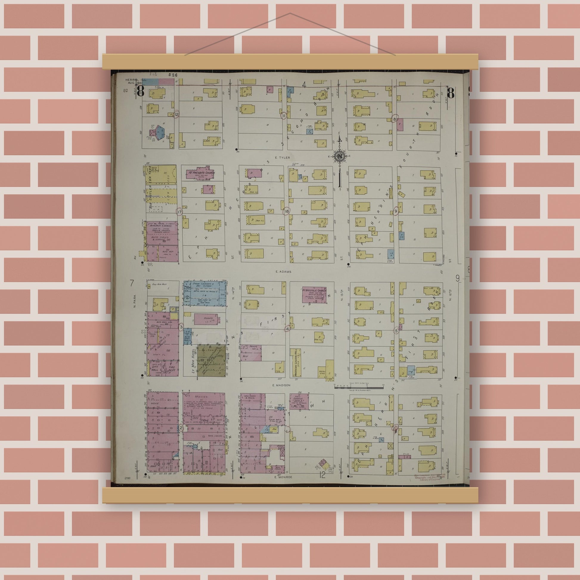 Old map wall art mockup — magnetic wood frame on brick wall — Sanborn Fire Insurance Map from Herrin, Williamson County, Illinois (1947), Sheet #0008