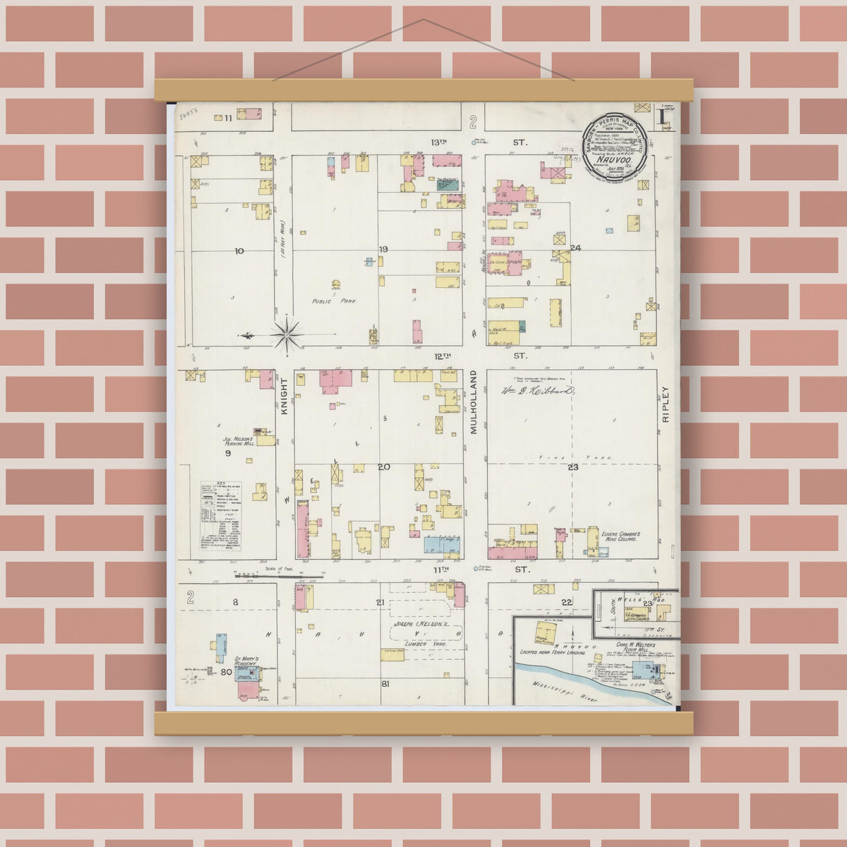 Old map wall art mockup — magnetic wood frame on brick wall — Sanborn Fire Insurance Map from Nauvoo, Hancock County, Illinois (1893), Sheet #0001