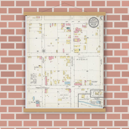 Old map wall art mockup — magnetic wood frame on brick wall — Sanborn Fire Insurance Map from Nauvoo, Hancock County, Illinois (1893), Sheet #0001