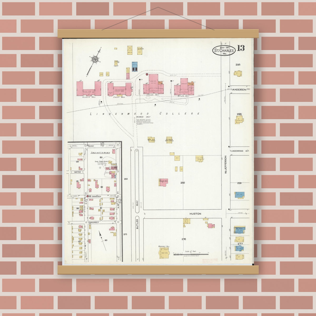 Old map wall art mockup — magnetic wood frame on brick wall — Sanborn Fire Insurance Map from Saint Charles, Saint Charles County, Missouri (1917), Sheet #0013