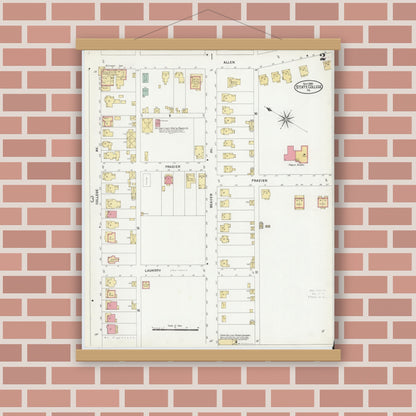 Old map wall art mockup — magnetic wood frame on brick wall — Sanborn Fire Insurance Map from State College, Centre County, Pennsylvania (1906), Sheet #0002