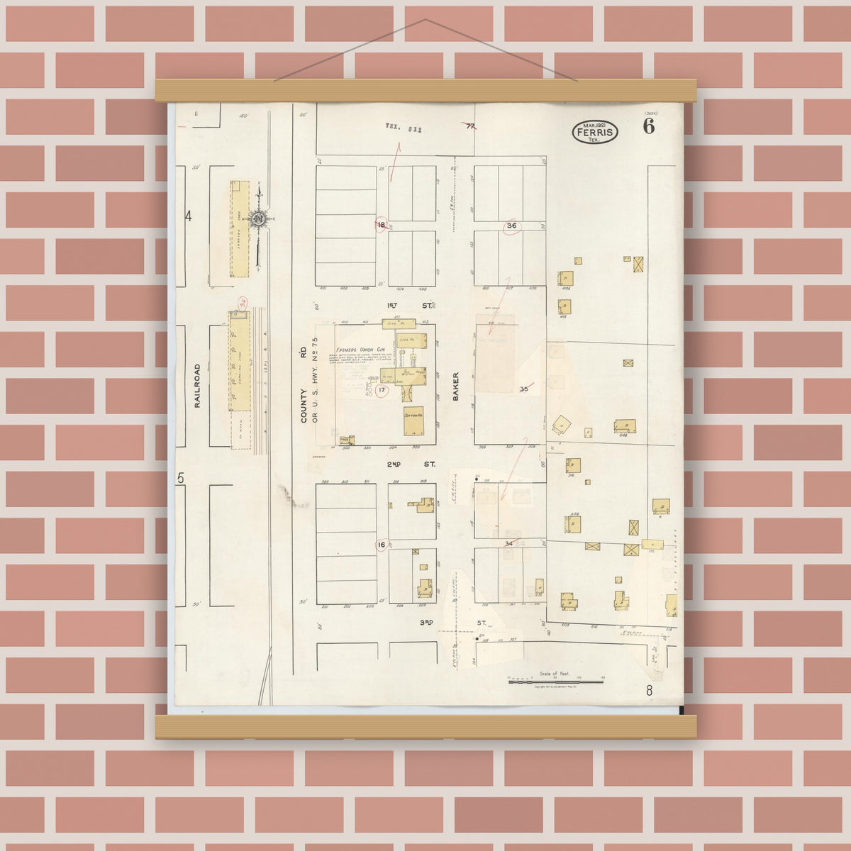 Old map wall art mockup — magnetic wood frame on brick wall — Sanborn Fire Insurance Map from Ferris, Ellis County, Texas (1941), Sheet #0006