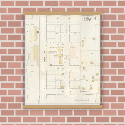Old map wall art mockup — magnetic wood frame on brick wall — Sanborn Fire Insurance Map from Ferris, Ellis County, Texas (1941), Sheet #0006