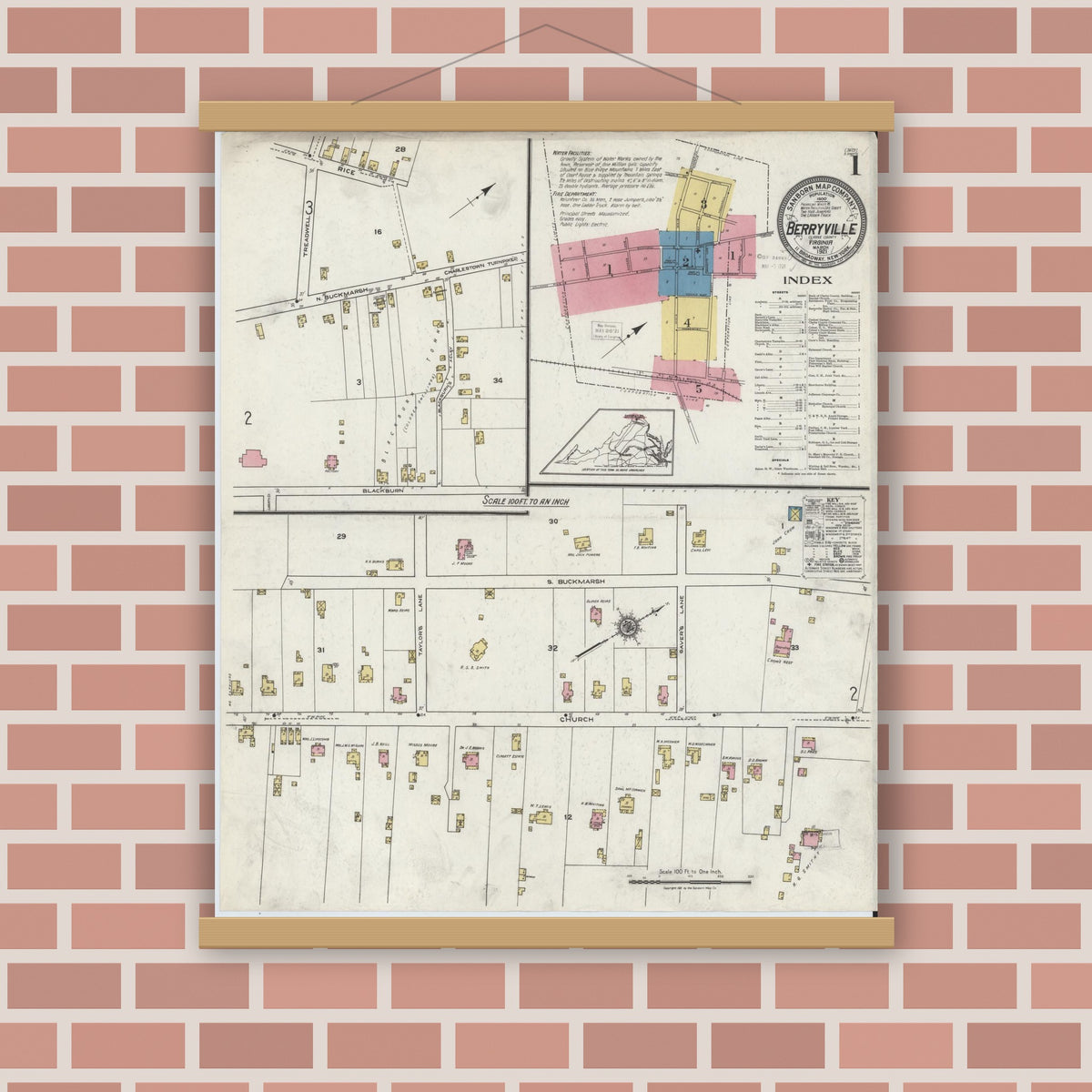 Old map wall art mockup — magnetic wood frame on brick wall — Sanborn Fire Insurance Map from Berryville, Clark County, Virginia (1921), Sheet #0001