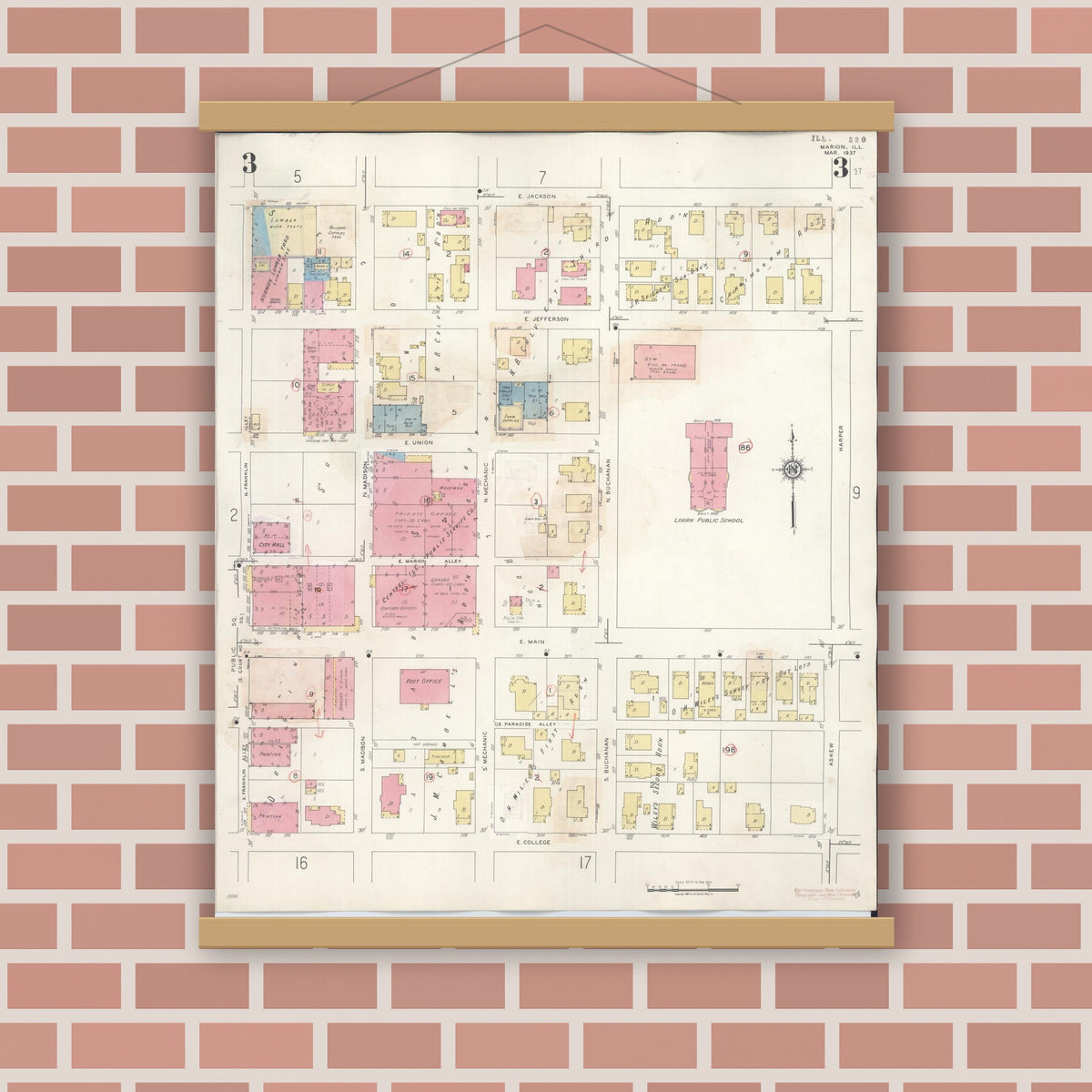 Old map wall art mockup — magnetic wood frame on brick wall — Sanborn Fire Insurance Map from Marion, Williamson County, Illinois (1946), Sheet #0003