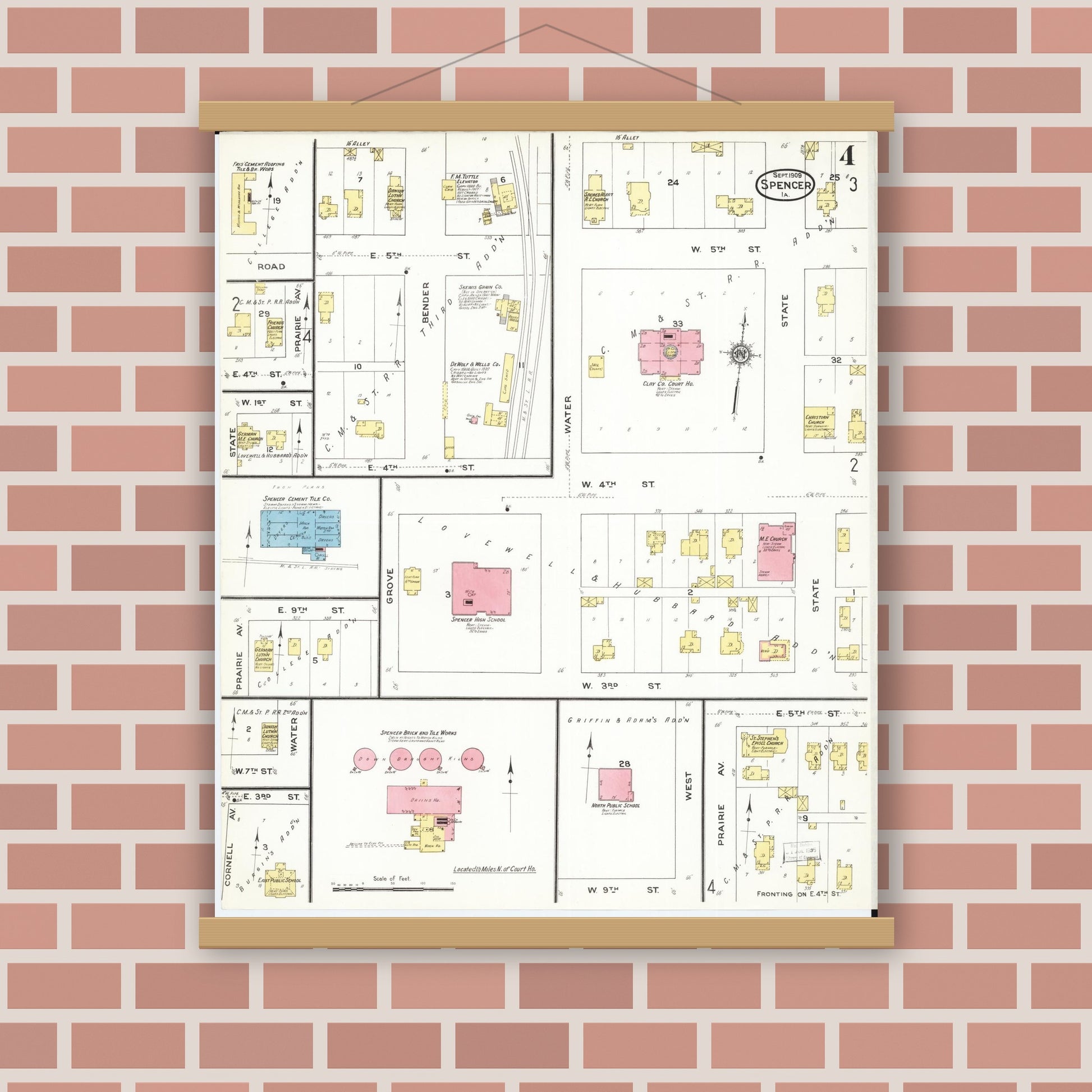 Old map wall art mockup — magnetic wood frame on brick wall — Sanborn Fire Insurance Map from Spencer, Clay County, Iowa (1909), Sheet #0004